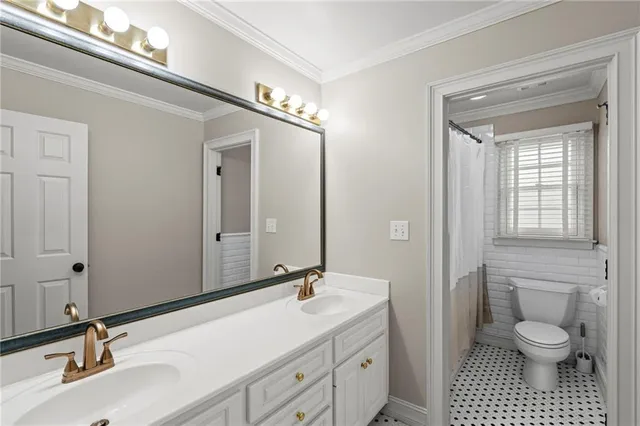 a bathroom with a sink a toilet and a mirror