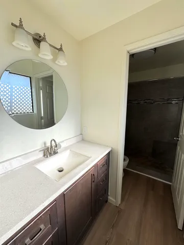 a bathroom with a sink and a mirror