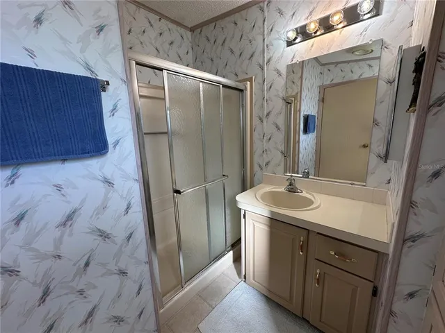 a bathroom with a sink a mirror and a shower