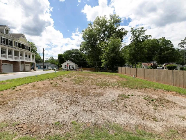 a view of a yard with plants and trees