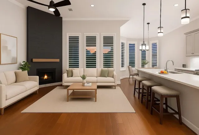 a living room with furniture fireplace and window