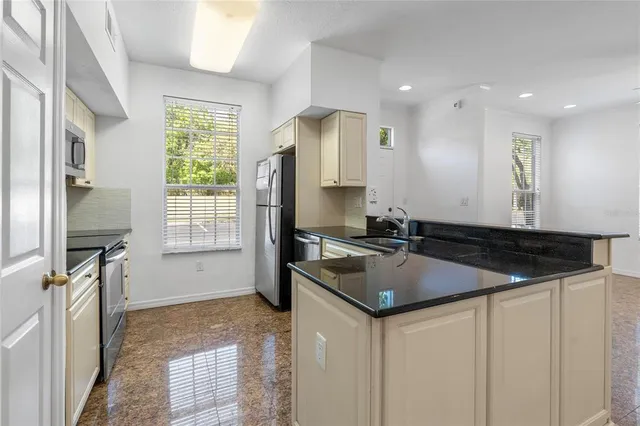 a view of a counter top space and windows