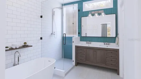 a bathroom with a tub sink and mirror