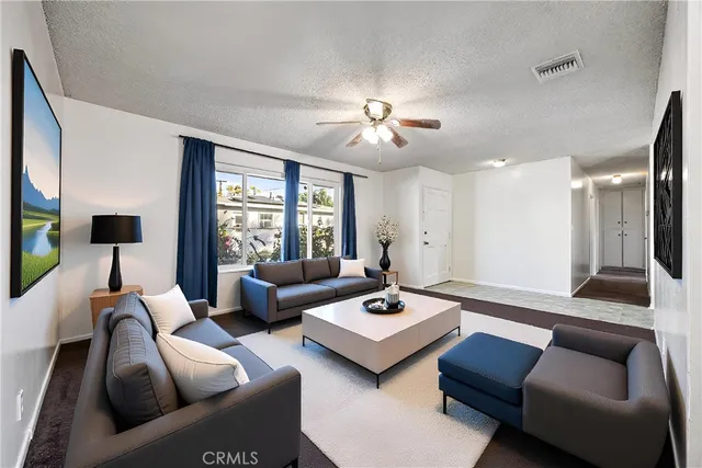 a living room with furniture ceiling fan and a rug