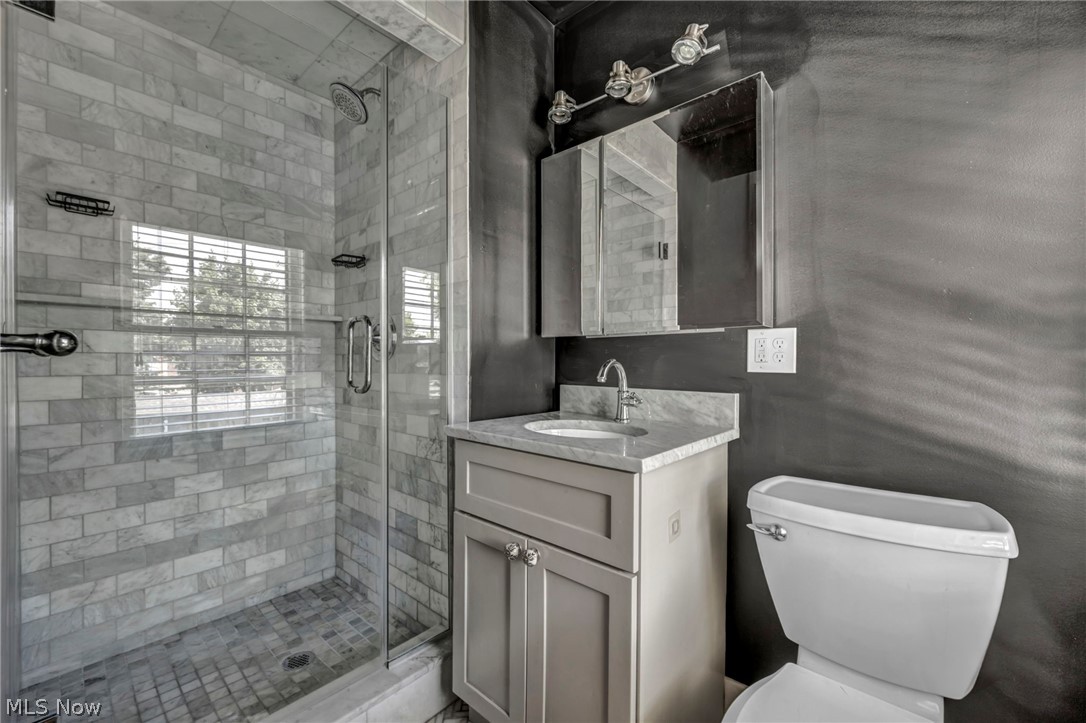 3543 Lytle Road Shaker Heights, OH 44122 - Photo 36 of 49 Full bathroom featuring a glass-enclosed shower with subway tile surround and mosaic floor, a single vanity with stone countertop, and a mirrored medicine cabinet with track lighting