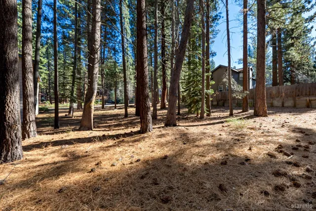 a view of wooden fence under a large tree