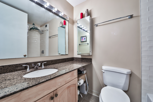 1030 North State Street, Unit 20D Chicago, IL 60610 - Photo 17 of 22 a bathroom with a granite countertop sink toilet and shower