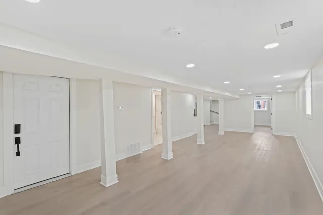 an empty room with a workbench