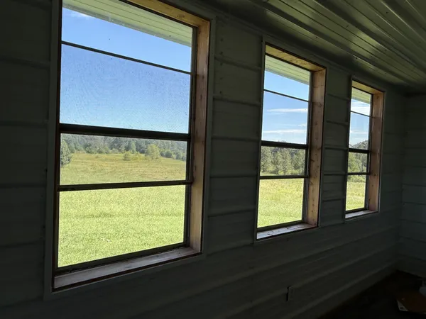 a view of a field with an ocean and trees in the background