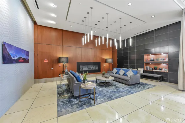 a view of a living room with a large window