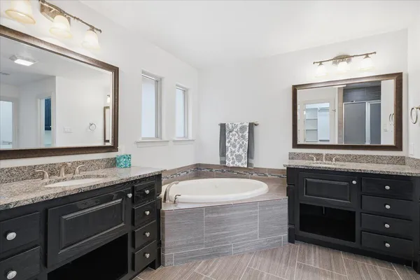 a bathroom with a tub double vanity sink and a mirror