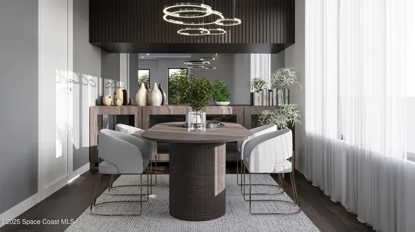 a dining room with furniture and window