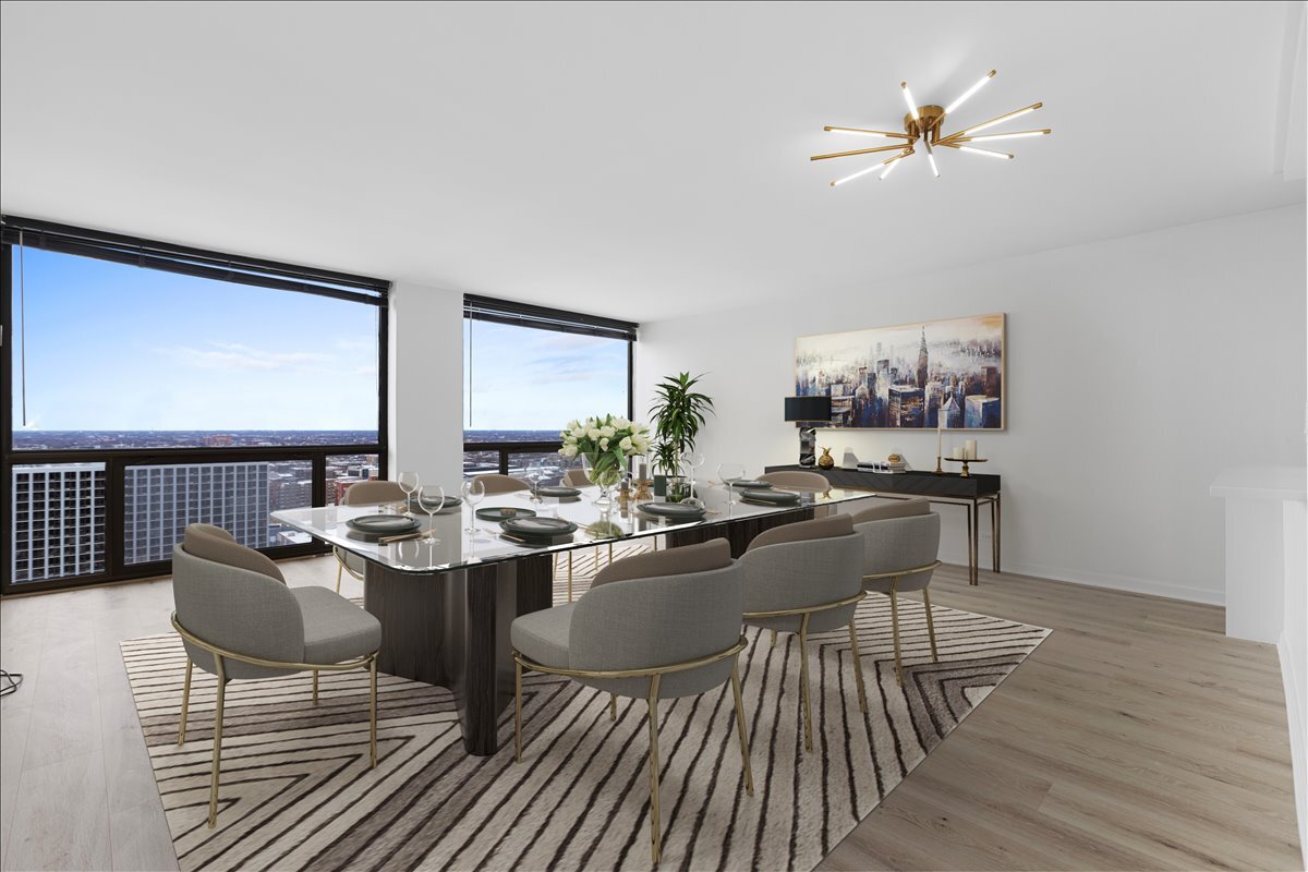 4343 North Clarendon Avenue, Unit 2507 Chicago, IL 60613 - Photo 9 of 23 a view of a dining room with furniture a chandelier and wooden floor