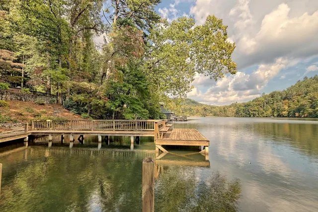 a view of a lake with boats and trees in the background