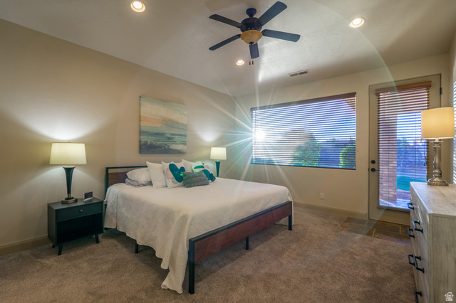 2212 Chippenham Court St. George, UT 84770 - Photo 16 of 75 Bedroom with dark carpet, a ceiling fan, and recessed lighting