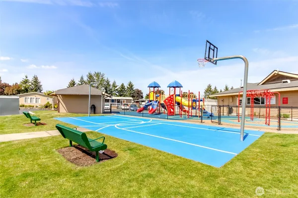 a view of a garden with houses