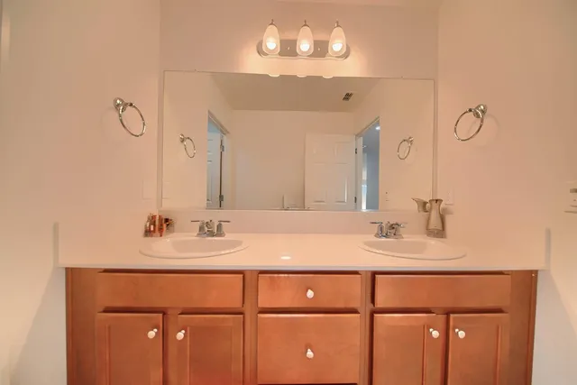 a bathroom with a sink vanity and a mirror