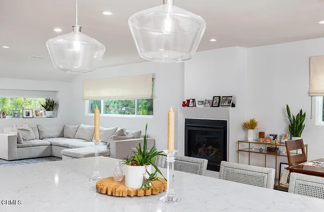a living room with furniture potted plant and a fireplace