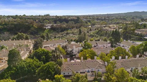 an aerial view of residential houses with outdoor space and trees