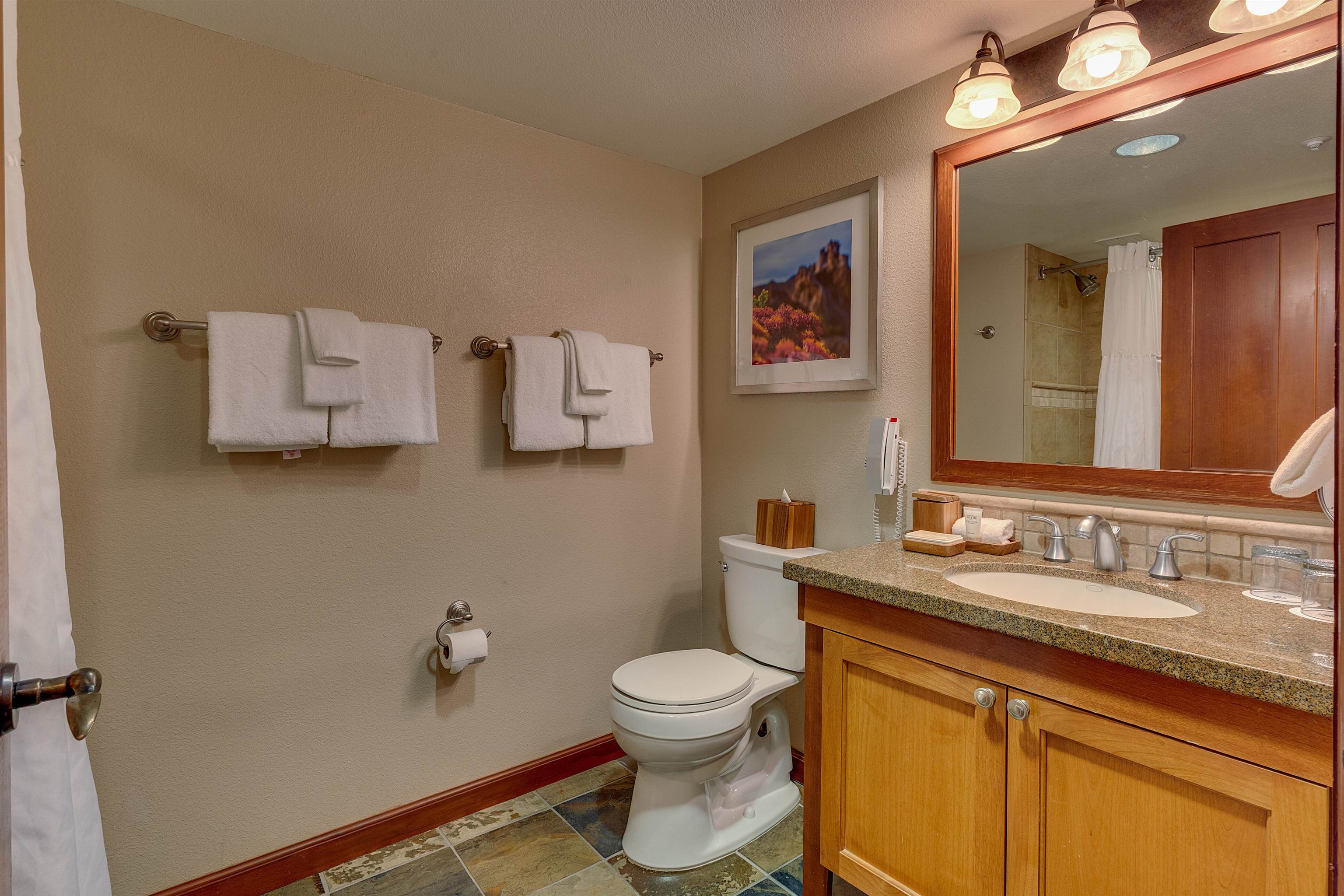 400 Resort Road, Unit 310 312 Olympic Valley, CA 96146 - Photo 10 of 21 a bathroom with a granite countertop sink a toilet and a mirror