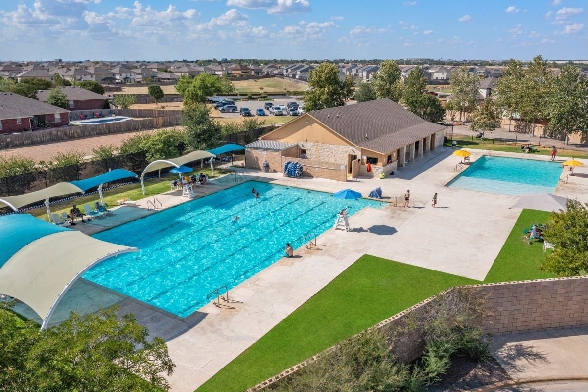 133 Hatari Trail Jarrell, TX 76537 - Photo 27 of 33 an aerial view of a house with a garden and lake view