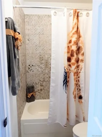 a bathroom with a shower and a toilet