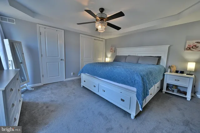 a bedroom with a bed and a ceiling fan