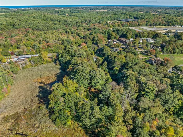 an aerial view of residential houses with outdoor space and trees