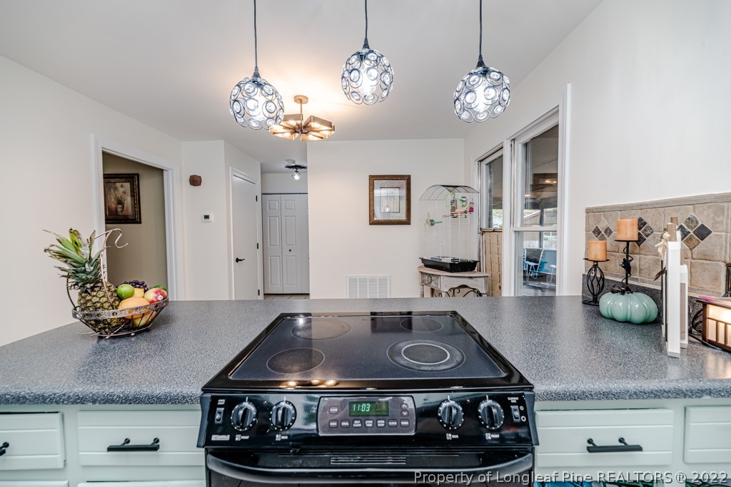 110 Cypress Road Cameron, NC 28326 - Photo 14 of 35 a kitchen with a stove and chandelier