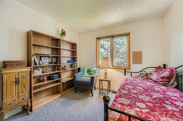 a bed room with a bed and a book shelf