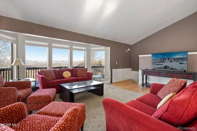 a living room with furniture a rug and a floor to ceiling window