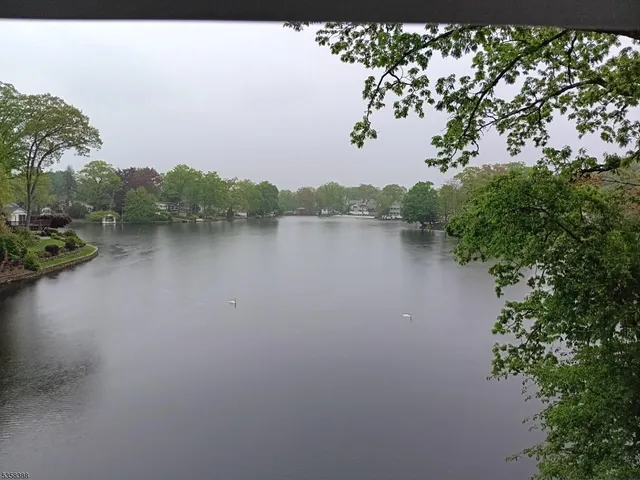 a view of a lake with houses in the back