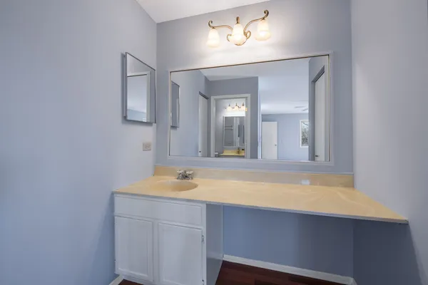a bathroom with a sink and a mirror