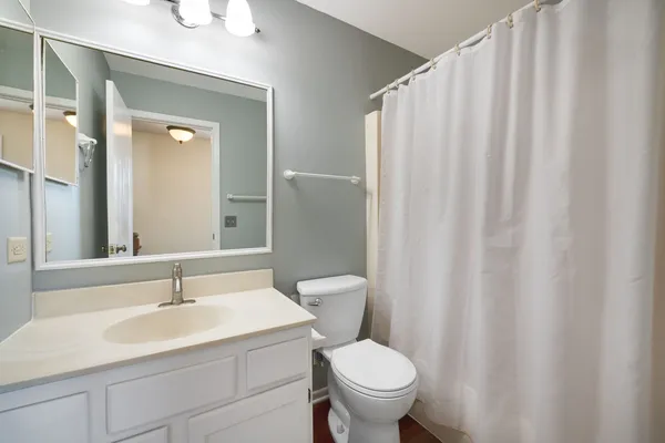 a bathroom with a sink a toilet and shower curtain