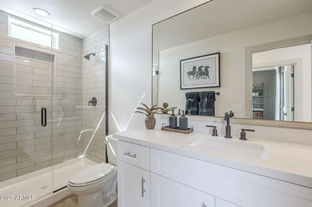 a bathroom with a sink a toilet and shower