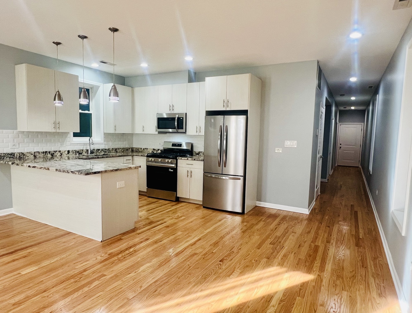 1750 West Cermak Road, Unit B Chicago, IL 60608 - Photo 2 of 18 a kitchen with stainless steel appliances granite countertop a refrigerator a sink dishwasher a stove and white countertops with wooden floor