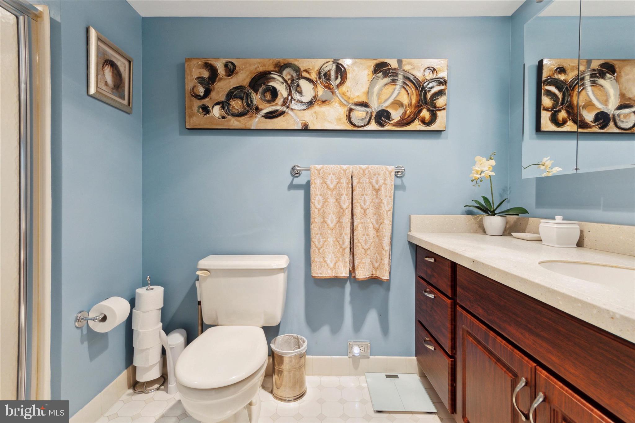 800 Avondale Road, Unit 5L Wallingford, PA 19086 - Photo 13 of 25 a bathroom with a toilet a sink and a shower curtain