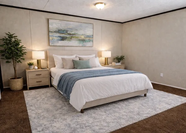 a bedroom with a bed and a painting on the wall