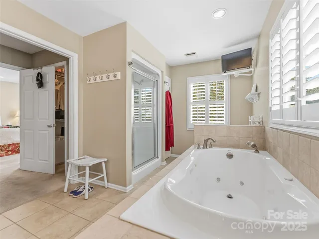a bathroom with a tub a sink and a window