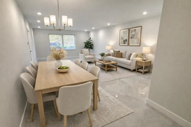 a view of a dining room with furniture and a chandelier