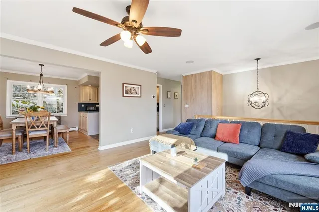 a living room with furniture ceiling fan and a rug