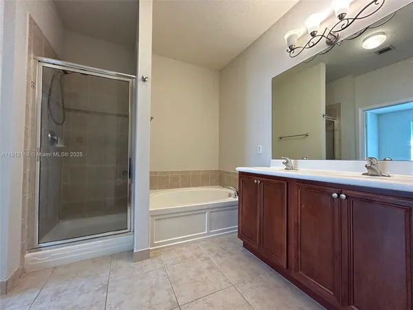 a bathroom with a bathtub shower sink vanity and mirror