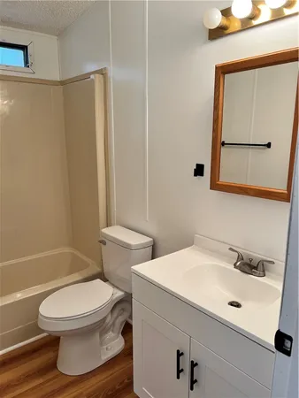 a bathroom with a toilet sink vanity and shower