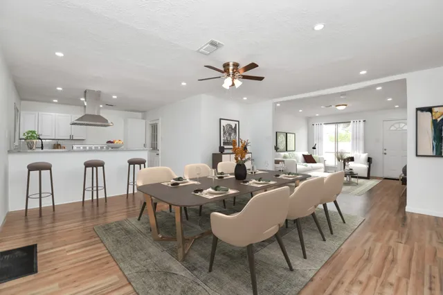 a view of a dining room with furniture