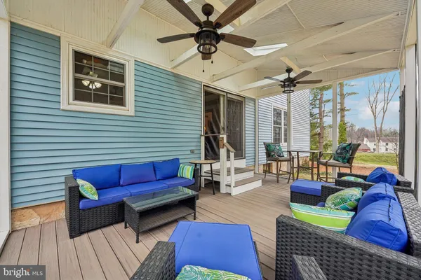 a garden view with a seating space