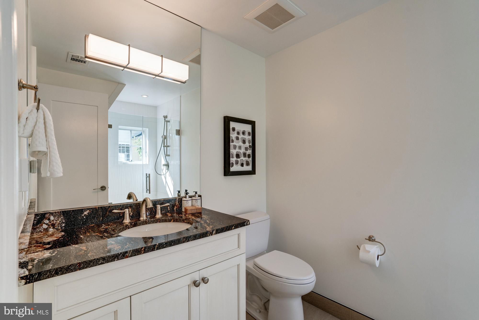 5607 Warwick Place Chevy Chase, MD 20815 - Photo 55 of 91 a bathroom with a granite countertop sink a toilet and a mirror