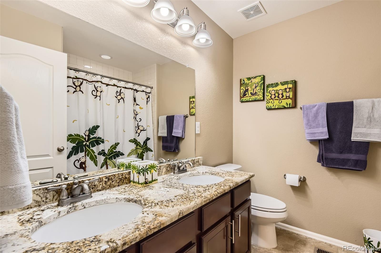 14110 Greenfield Loop Parker, CO 80134 - Photo 27 of 47 a bathroom with a granite countertop sink a mirror and a toilet