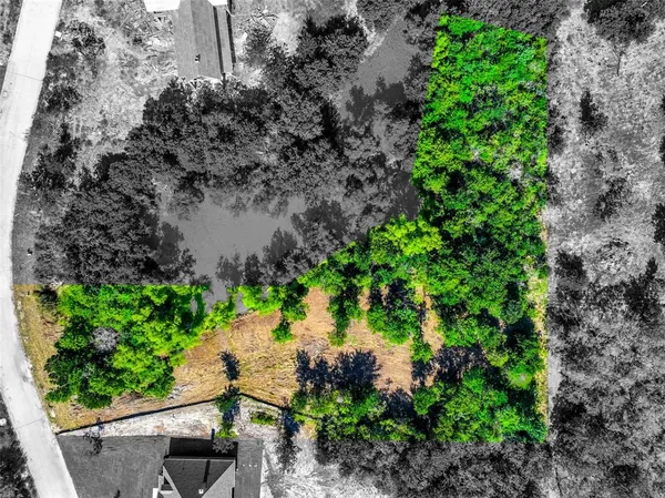 an aerial view of residential house with outdoor space and trees all around