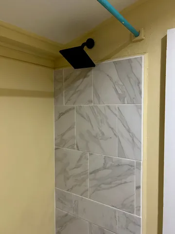 a bathroom with a shower and a window