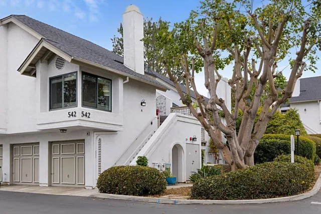 a view of white house with a yard and potted plants